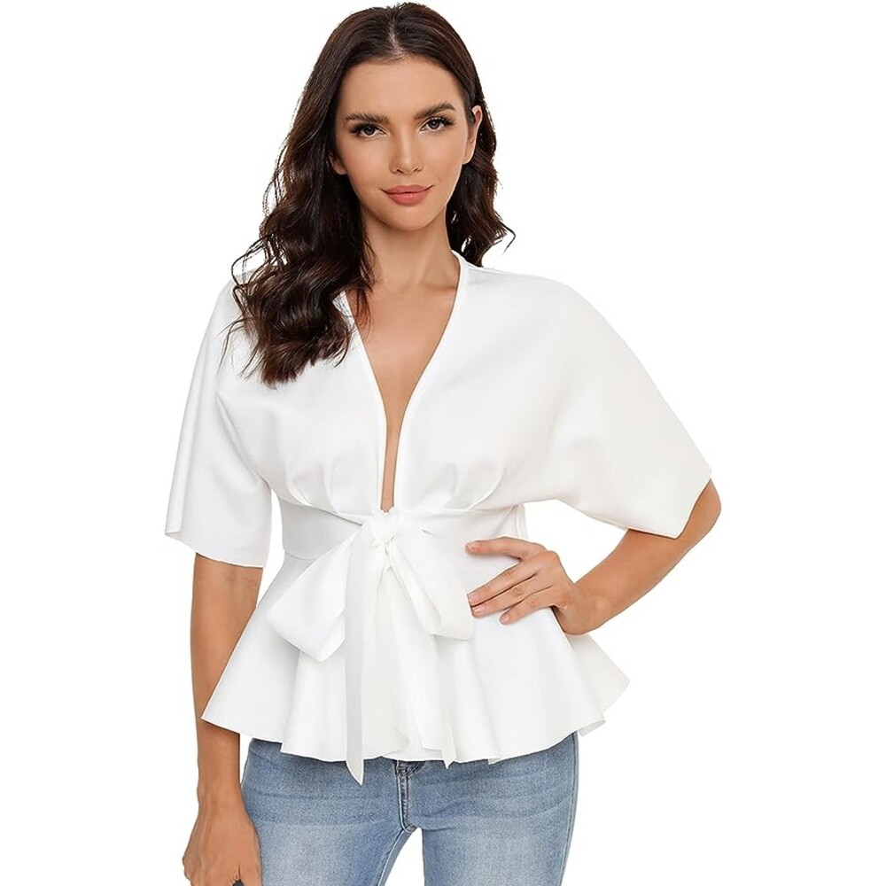 SheIn Plunge V Neck Short Sleeve Ruffle Hem Tie Front Peplum Blouse Sz L